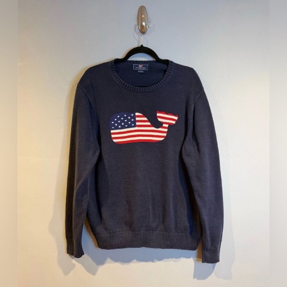 Vineyard Vines USA American Flag Whale 100% Cotton Sweater Navy Women Size Large